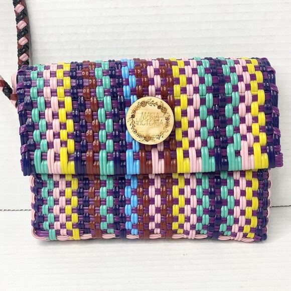 Maria Victoria Wristlet Clutch PVC Plastic Straw Multicolor Handcrafted Mexico - Picture 7 of 11